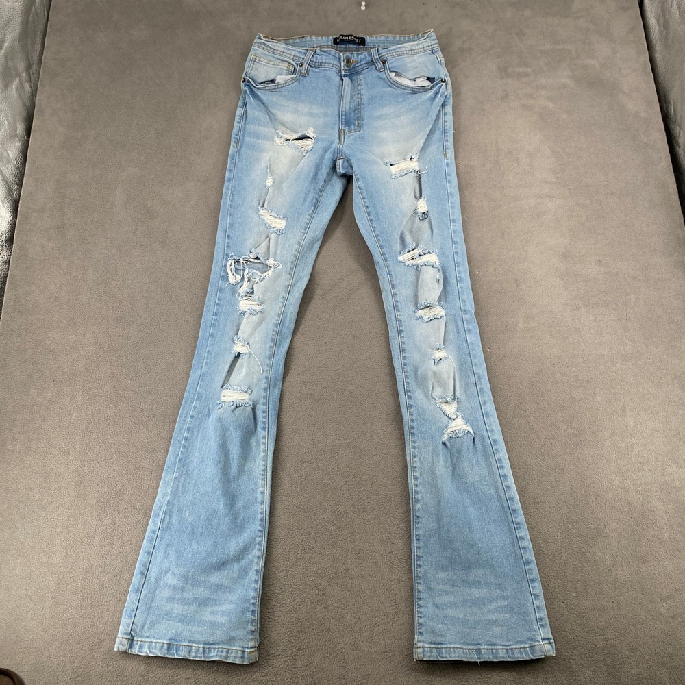 Urban Beast Mens Distressed Slim Fit Jeans Light Wash Blue 30x36 Y2K Streetwear